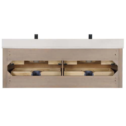 Ebern Designs Zytavious 60'' Wall Mounted Double Bathroom Vanity with Quartz Top with Mirror ...